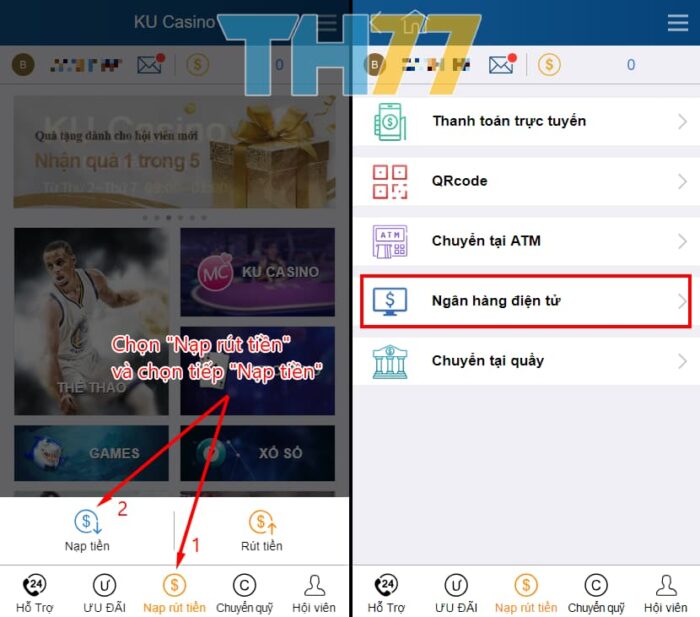 Hướng dẫn nạp tiền KU Casino bằng App BIDV trên điện thoại